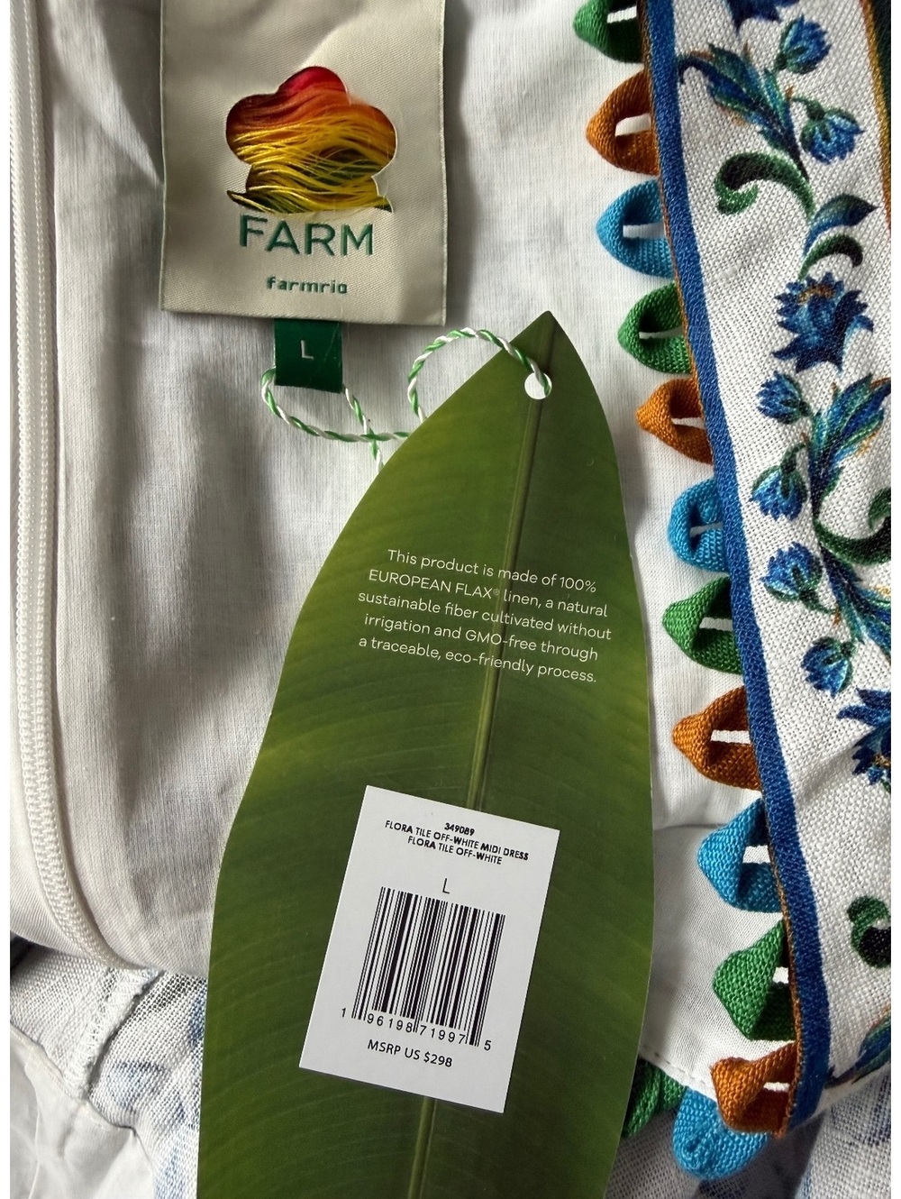 FARM Rio Off-White Flora Tile Scallop Premium Linen Maxi Dress NWT Large - Picture 8 of 8